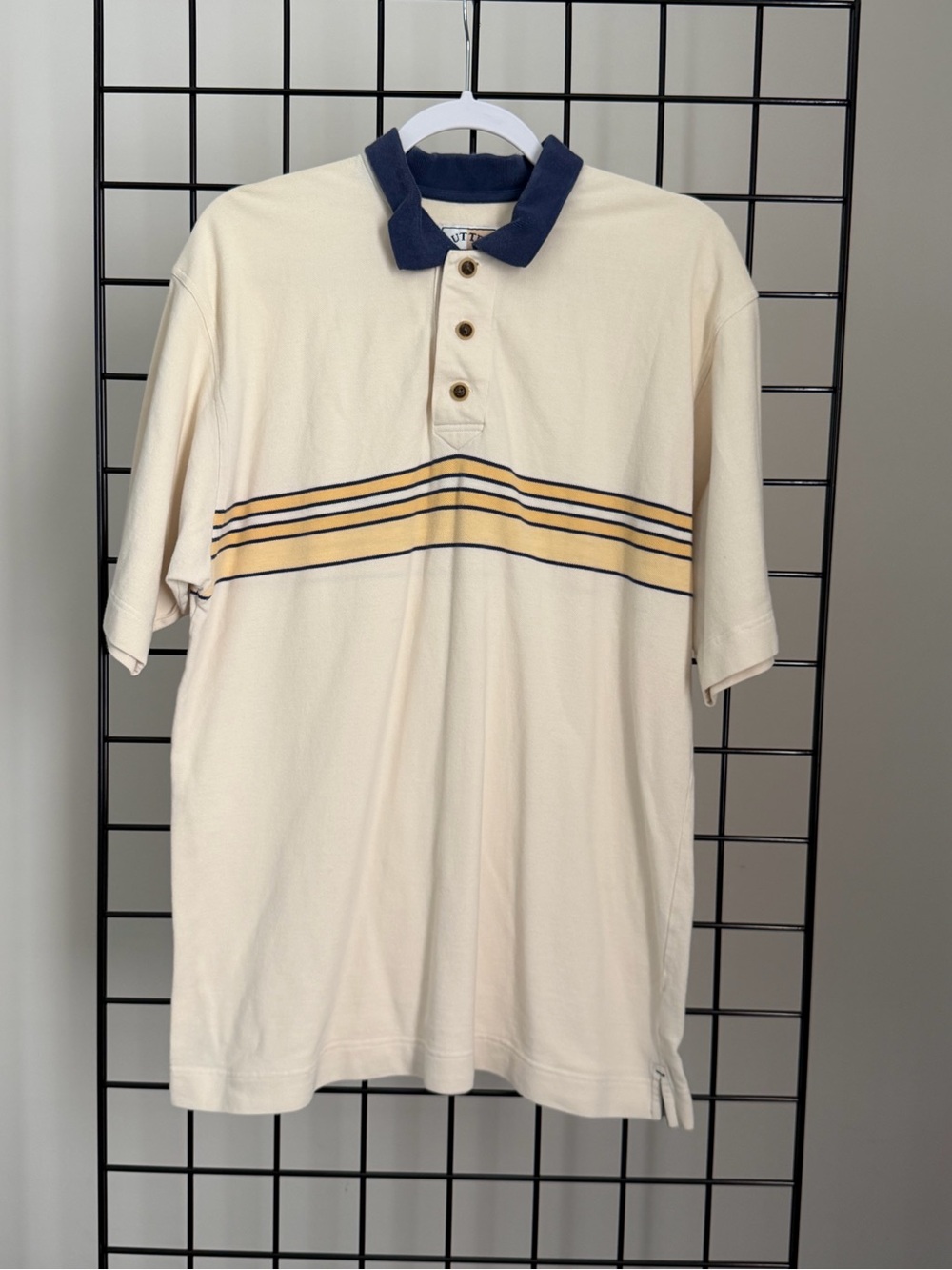 Cutter & Buck Cream Polo with Navy Collar and Yellow Stripe